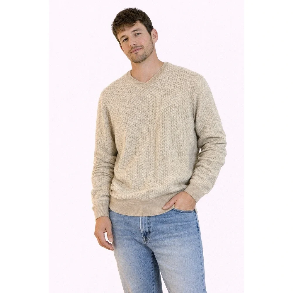 Tasso Elba Sweater Mens‎ Medium Tan Textured V-Neck 100% Cotton Pullover Knit